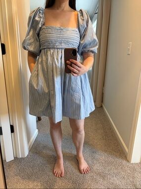 Abercrombie & Fitch Light Blue Pinstripe Puff Sleeve Emerson Mini Dress